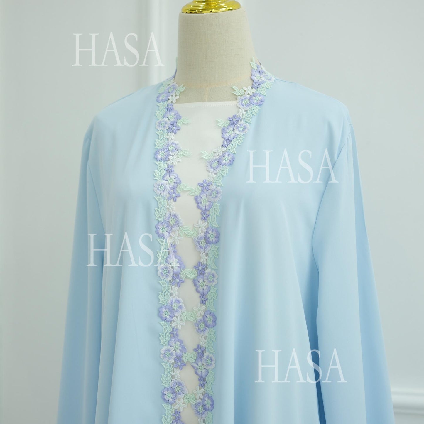 HS6562 Blue Bow Embroidered Abaya Tunic Cardigan