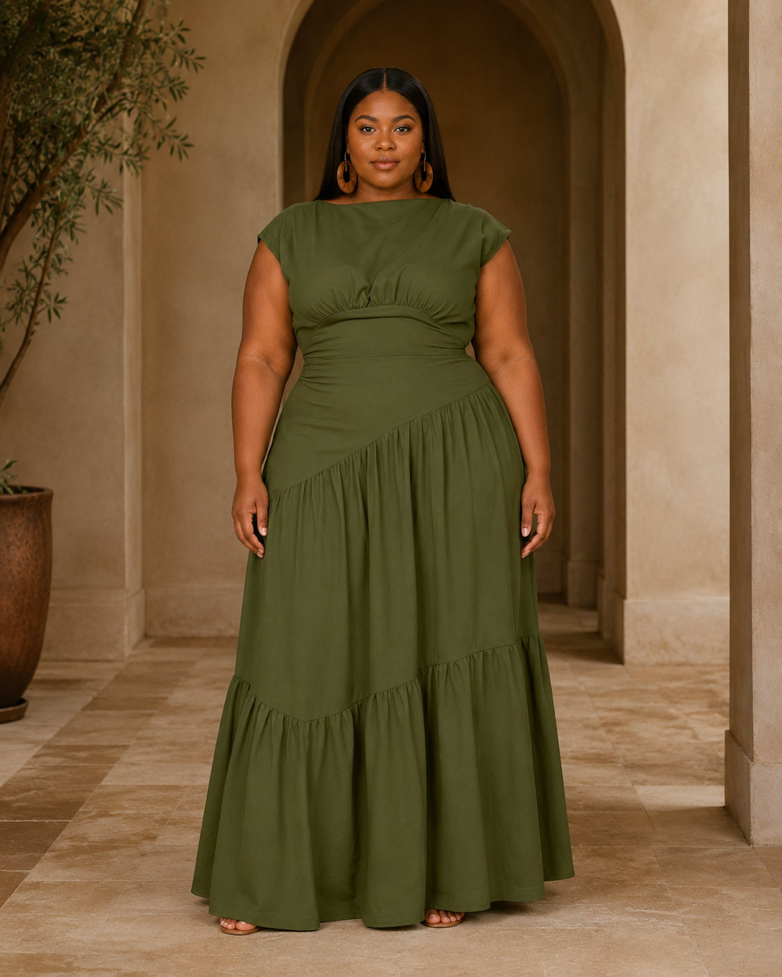 HS1641 Women's Sleeveless Pleated Loose Fit Maxi Dress