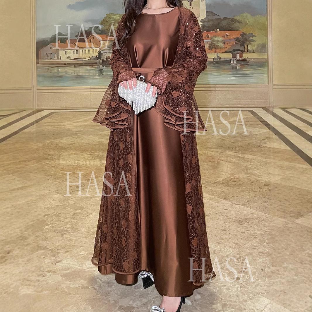 HS6488 Two-piece long dress with flared sleeves and lace sequined cape