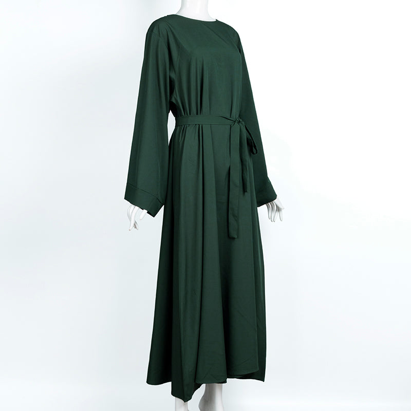 HS0477 Casual abaya solid color airy women's long sleeve round neck maxi dress