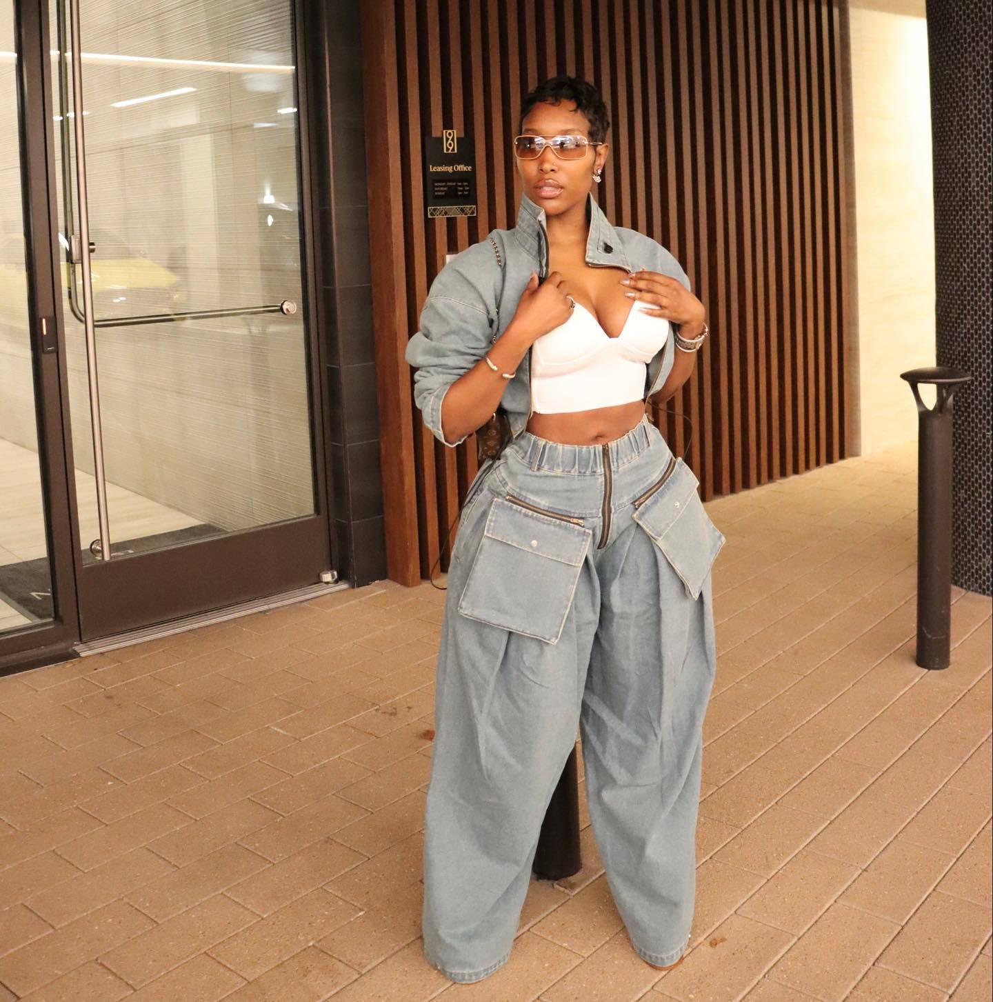HS6306 washed denim two piece set front view
