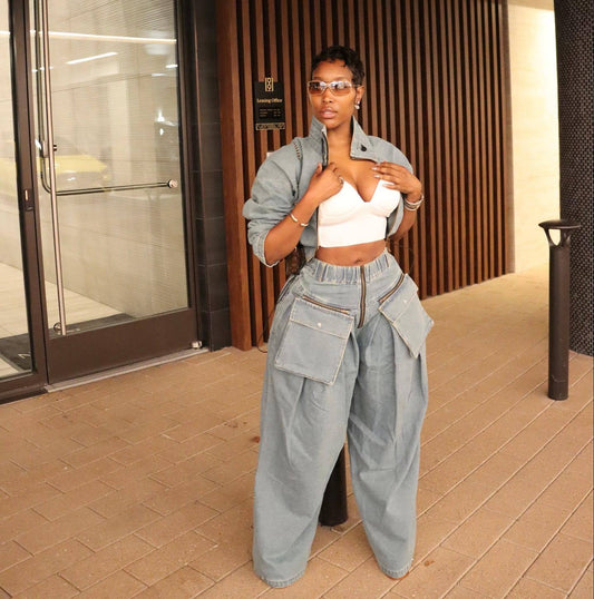 HS6306 washed denim two piece set front view
