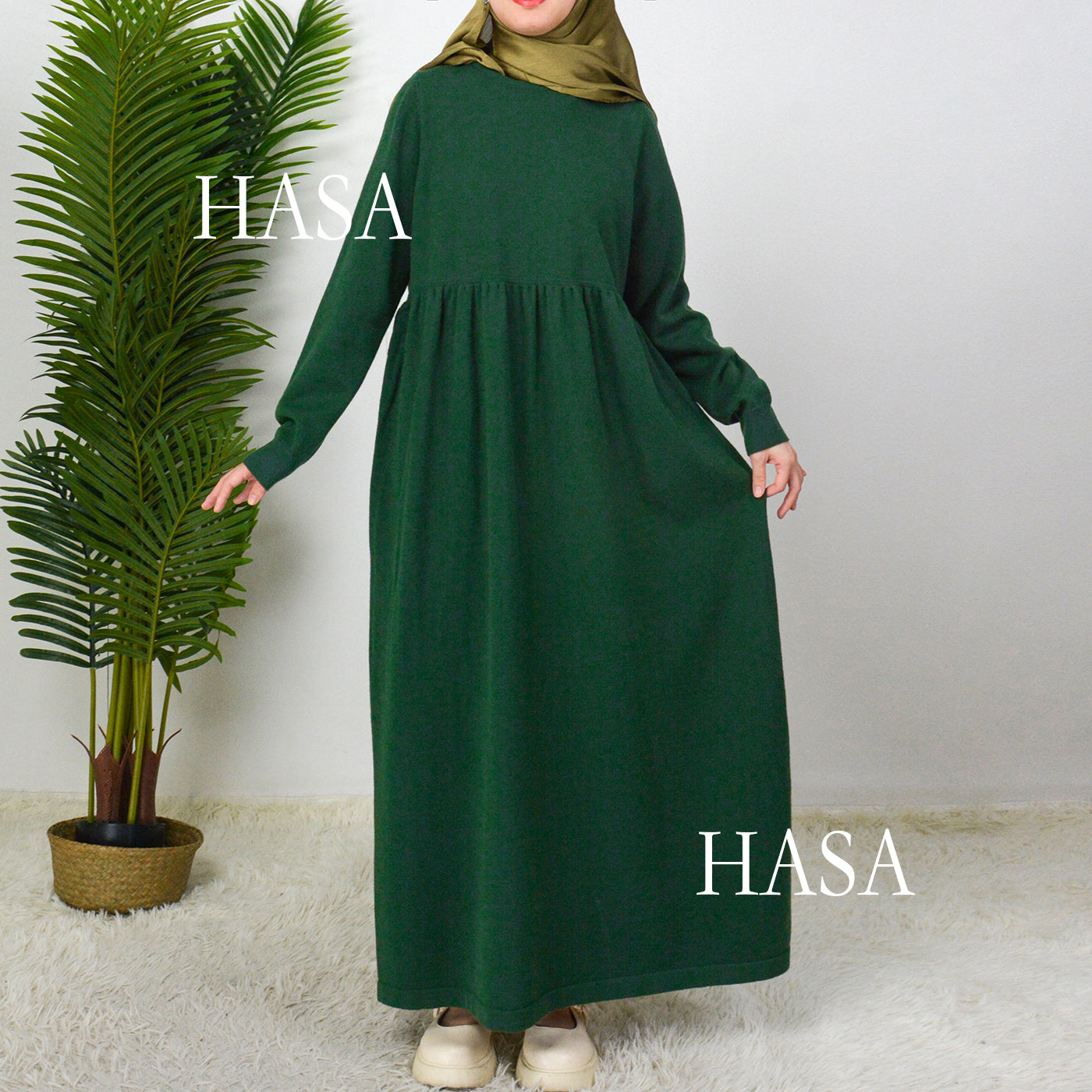 HS0116 Muslim Solid colours knitted long abaya dress in Loose fitting waist