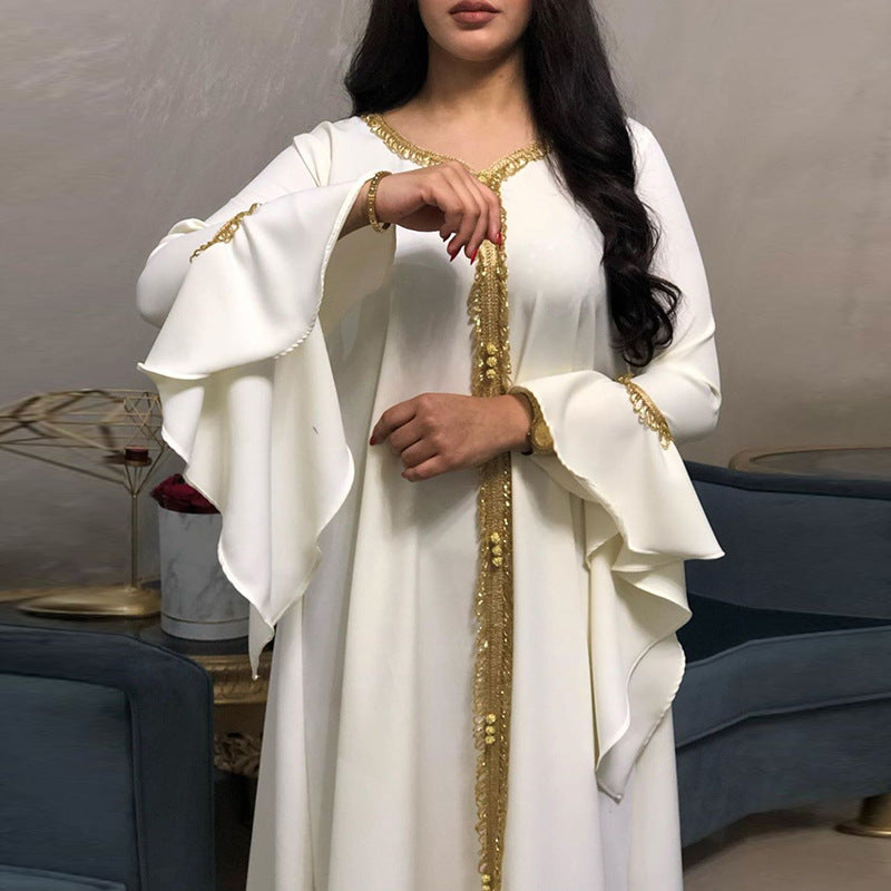 HS0364 Robe en dentelle dorée brodée à manches en feuille de lotus pour femmes musulmanes