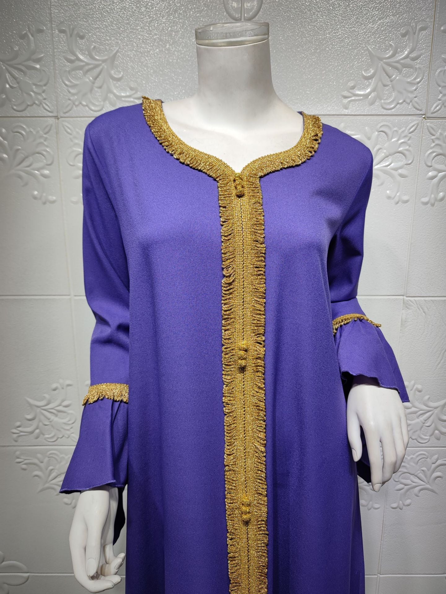HS0364 Robe en dentelle dorée brodée à manches en feuille de lotus pour femmes musulmanes