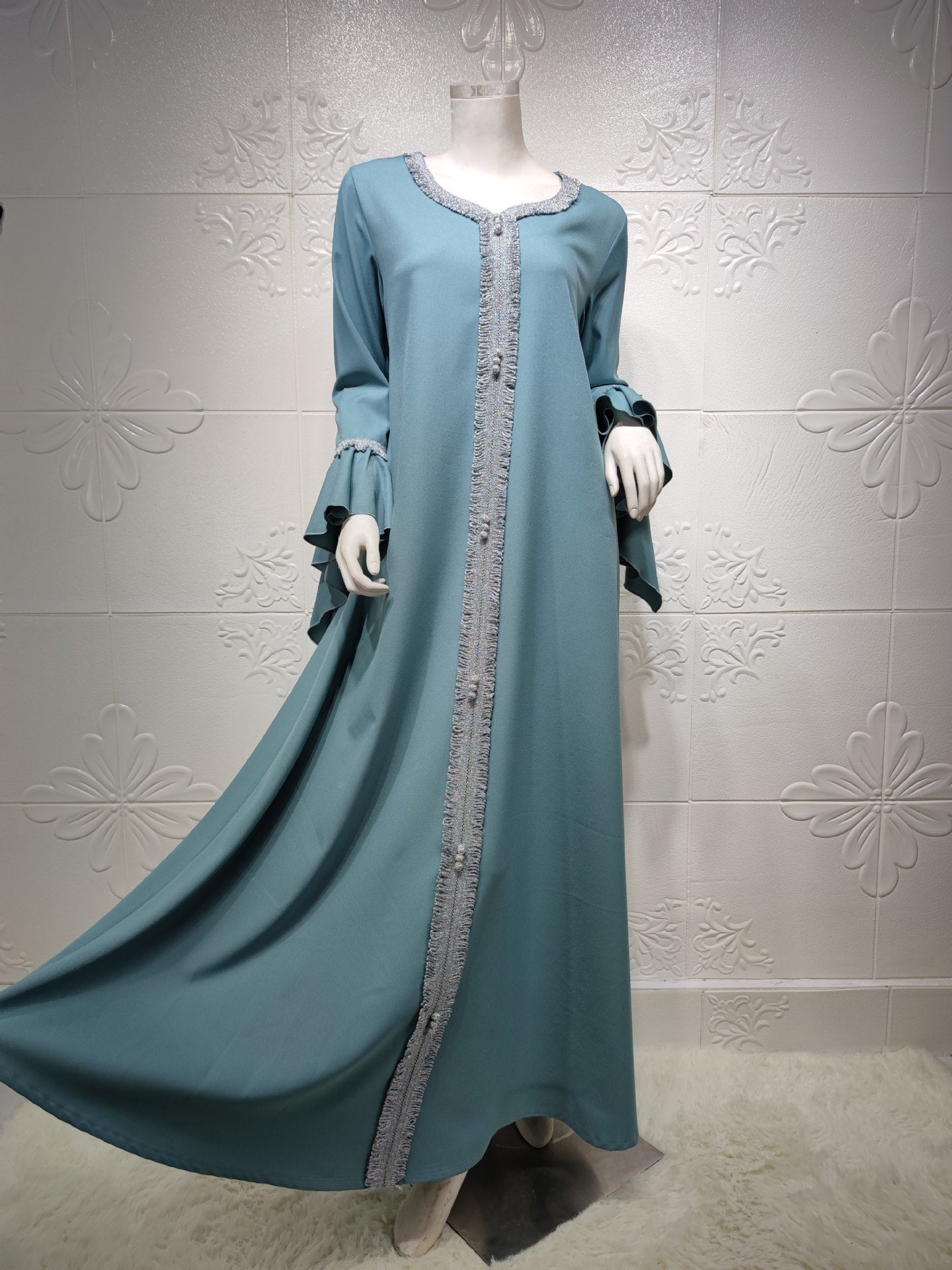 HS0364 Robe en dentelle dorée brodée à manches en feuille de lotus pour femmes musulmanes