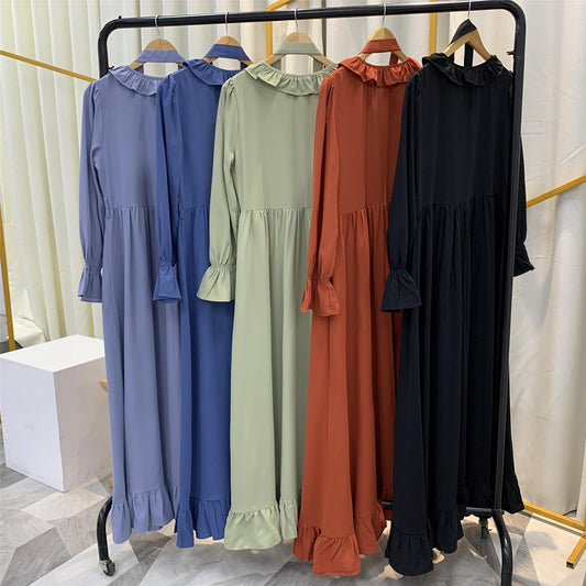 New fashion women's solid color stitching large swing Muslim dress