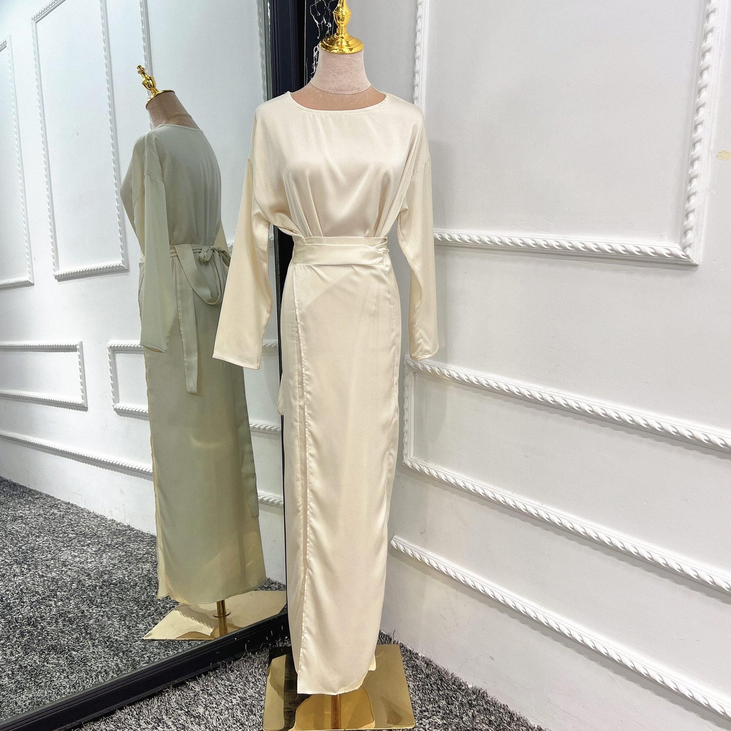 فستان من الساتان بتصميم أوروبي وأمريكي من دبي بحزام من البوليستر/S-XXL من HS10047