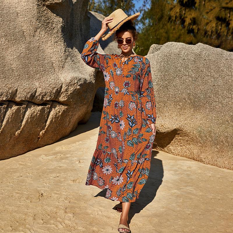 HS10032 Robe d'été en rayonne à col carré et taille haute 