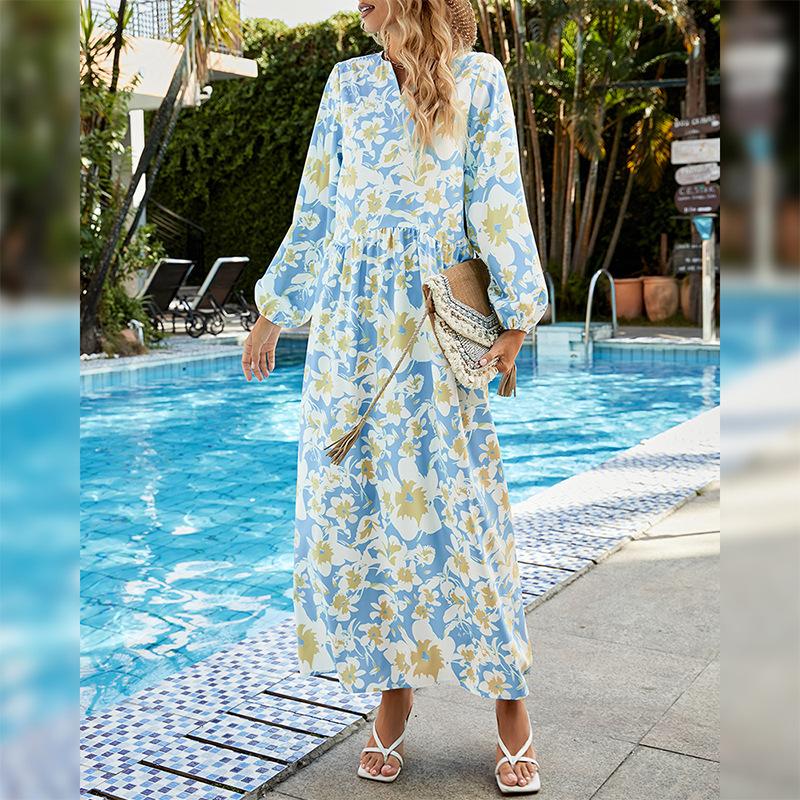 HS10033 polyester V-neck floral dress long dress