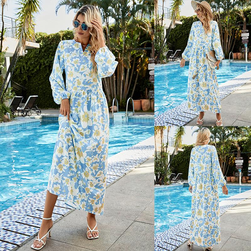 HS10033 polyester V-neck floral dress long dress