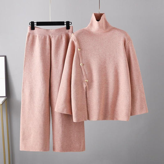 HS0341 stand collar open knitted high neck sweater women winter warm casual wide leg pants two-piece set