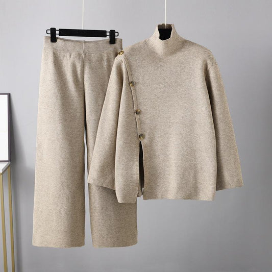 HS0341 stand collar open knitted high neck sweater women winter warm casual wide leg pants two-piece set