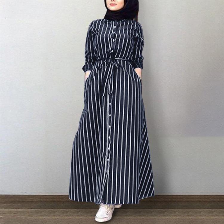 HS0270 Muslim Abaya Casual Temperament Women's Striped Blouse Maxi Dress