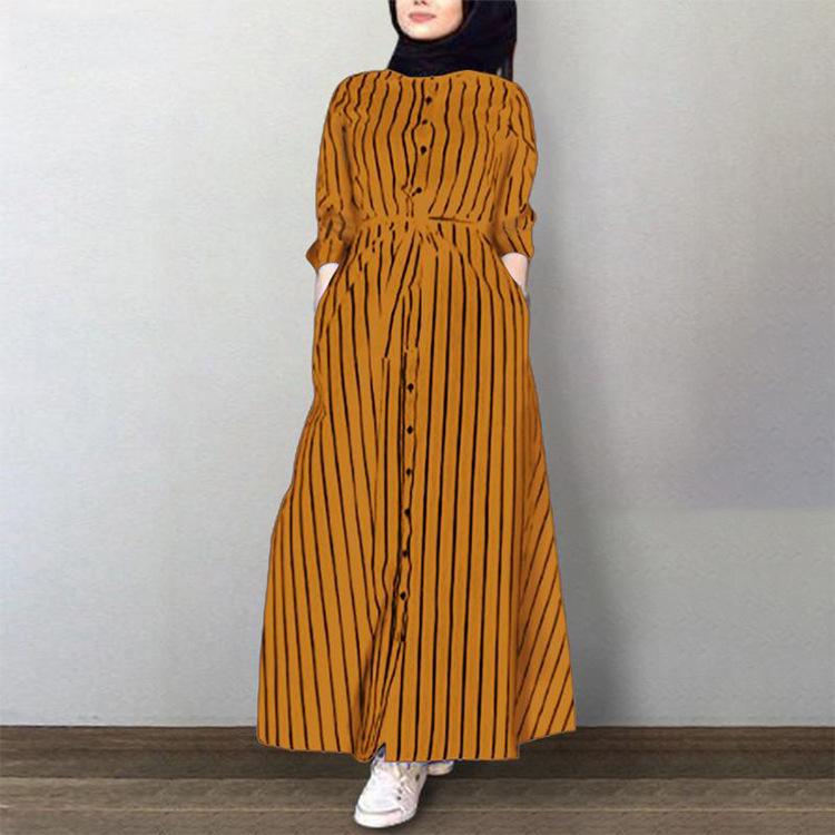 HS0270 Muslim Abaya Casual Temperament Women's Striped Blouse Maxi Dress