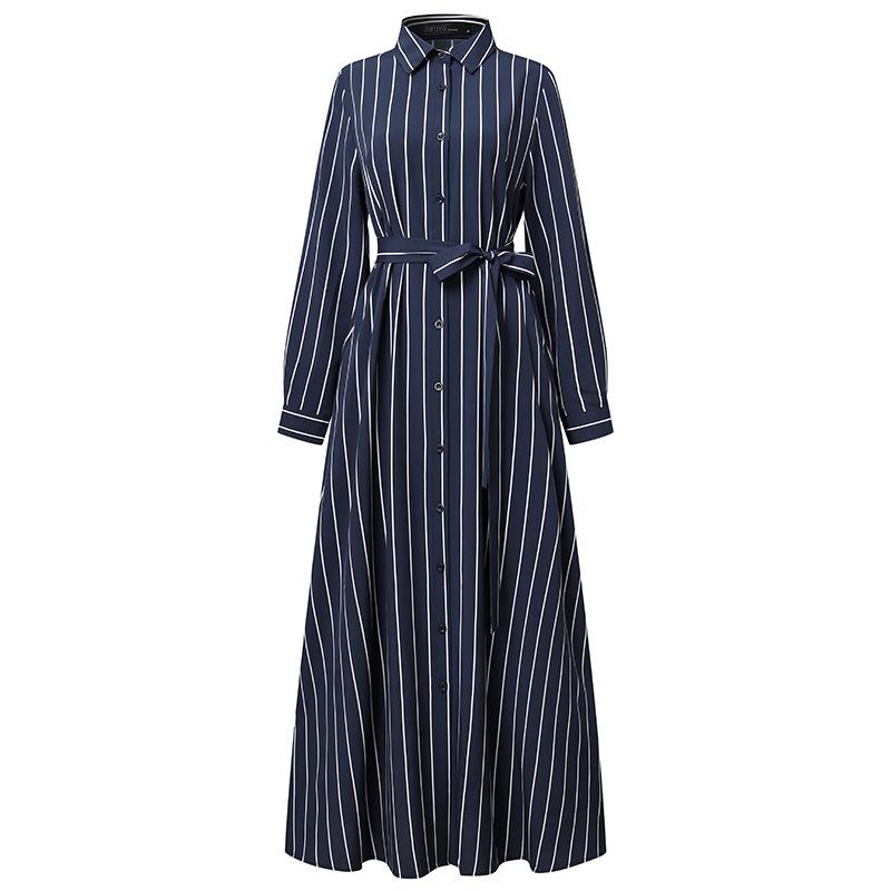 HS0270 Muslim Abaya Casual Temperament Women's Striped Blouse Maxi Dress