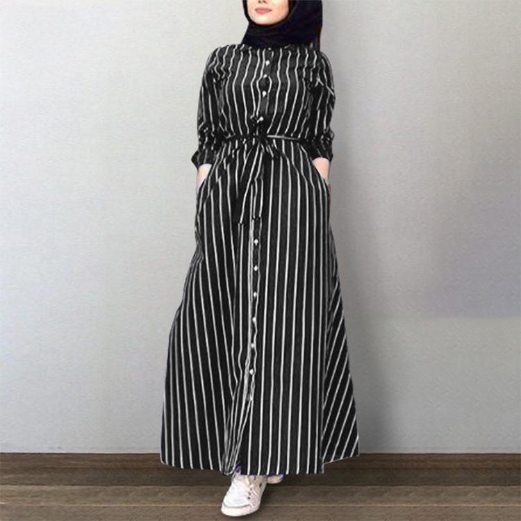 HS0270 Muslim Abaya Casual Temperament Women's Striped Blouse Maxi Dress