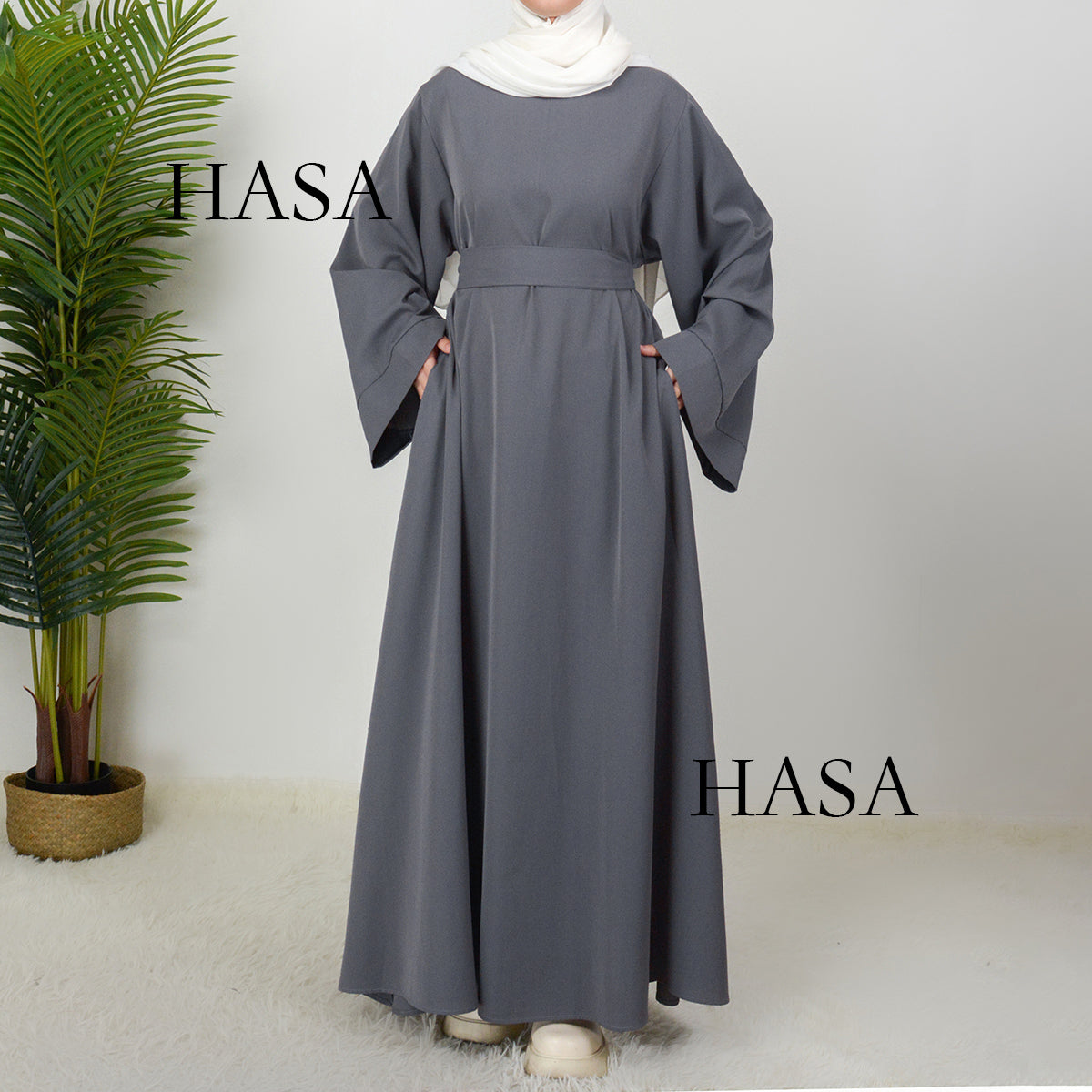 HS0610 [Senior Nida Fabric] Muslim Solid colours Abaya with two pockets  Detachable belt and back Zipper