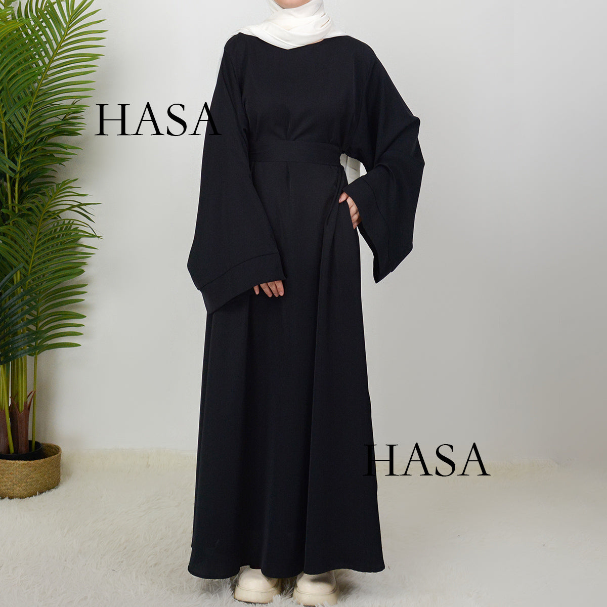 HS0610 [Senior Nida Fabric] Muslim Solid colours Abaya with two pockets  Detachable belt and back Zipper