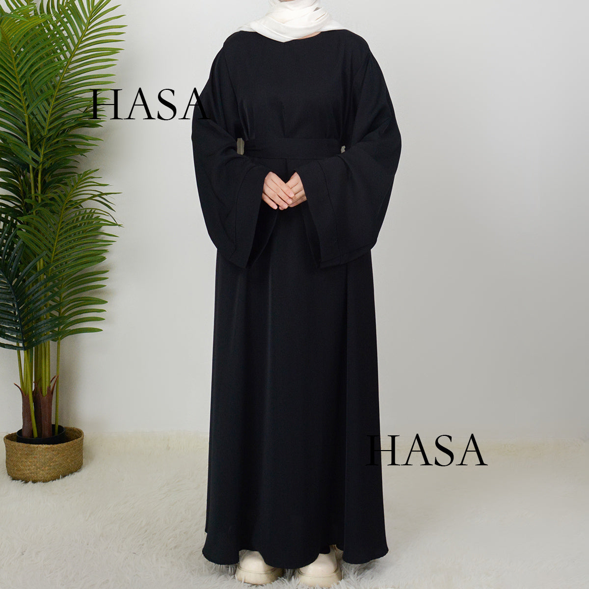 HS0610 [Senior Nida Fabric] Muslim Solid colours Abaya with two pockets  Detachable belt and back Zipper