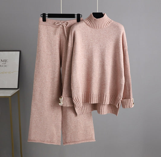 HS0324 2022 autumn and winter new loose high-collar sweater suit female fashionable broad-legged pants two-piece set
