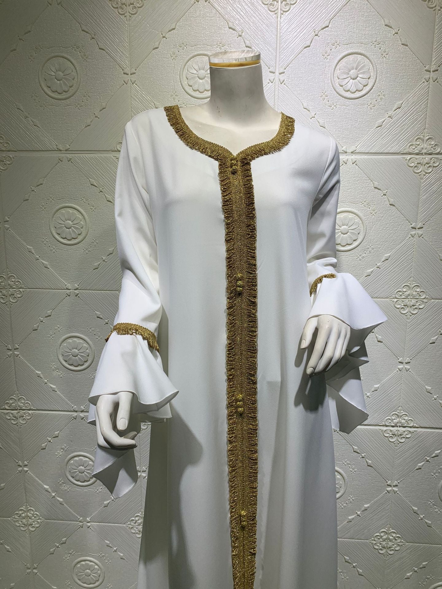 HS0364 Robe en dentelle dorée brodée à manches en feuille de lotus pour femmes musulmanes