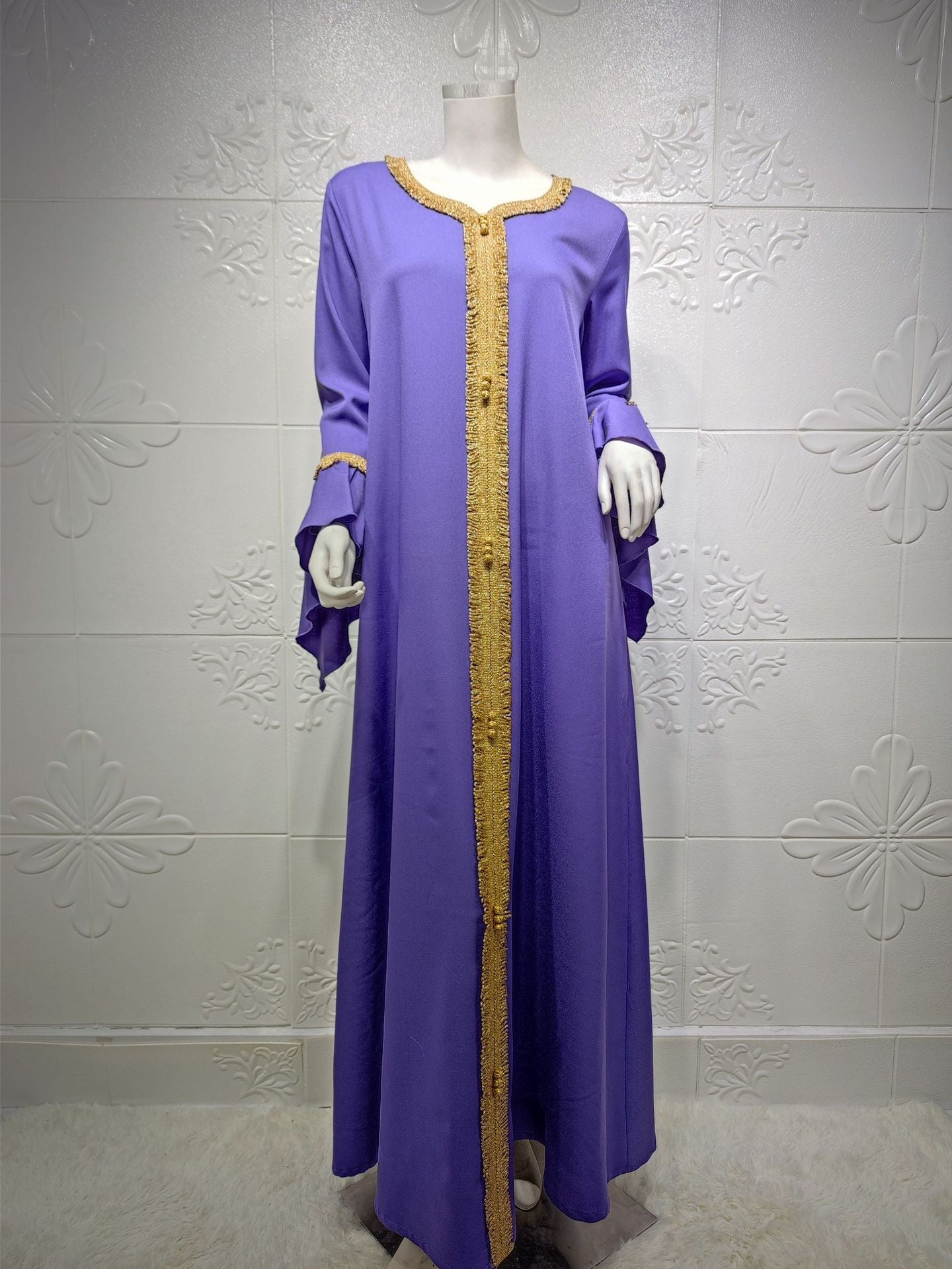 HS0364 Robe en dentelle dorée brodée à manches en feuille de lotus pour femmes musulmanes