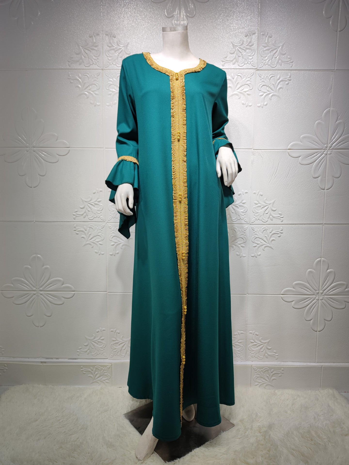 HS0364 Robe en dentelle dorée brodée à manches en feuille de lotus pour femmes musulmanes