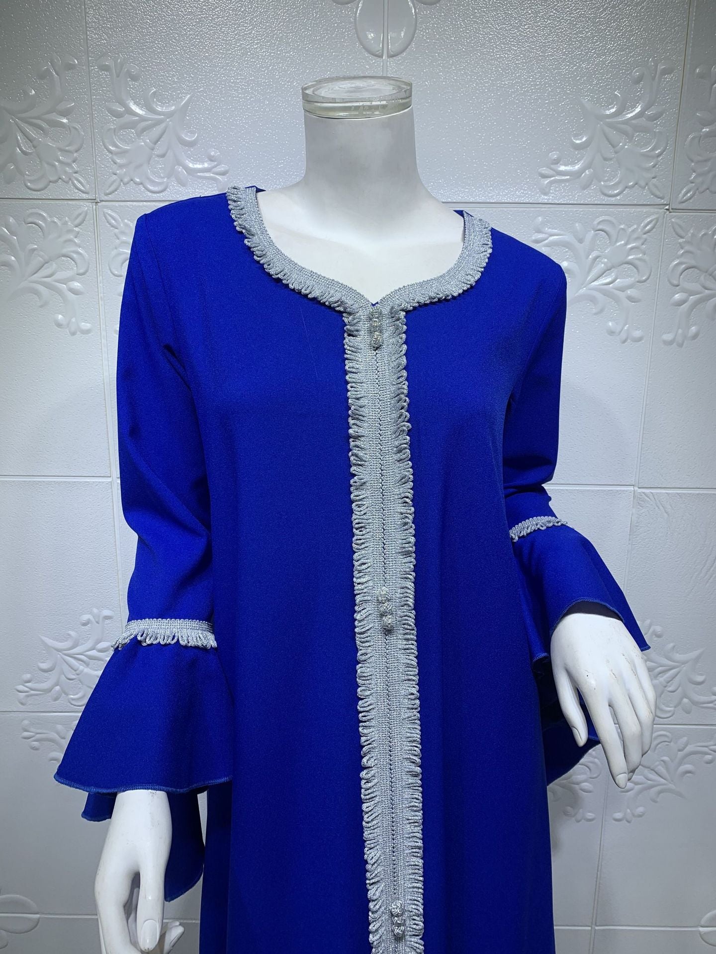 HS0364 Robe en dentelle dorée brodée à manches en feuille de lotus pour femmes musulmanes