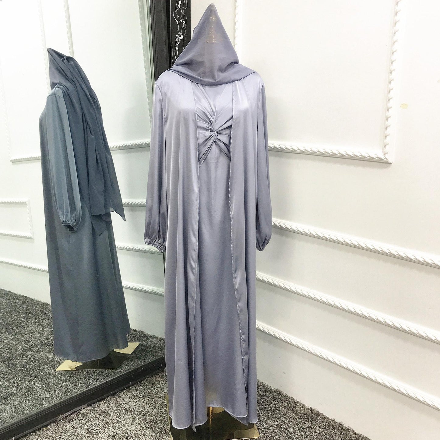 طقم فستان كارديجان من قطعتين بلون واحد من HS10061، عباية 